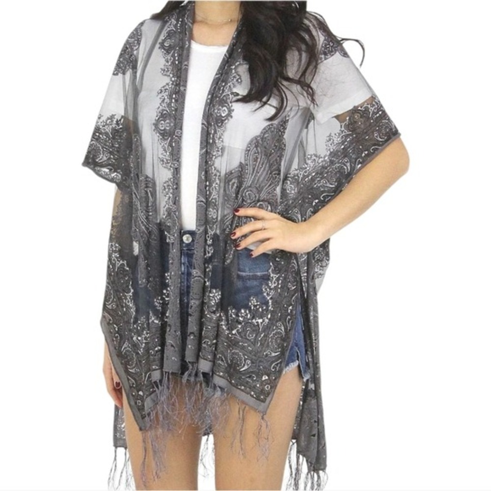 David & Young Charcoal Paisley Burnout Fringe Kimono Wrap ATO15039 OSFM NEW